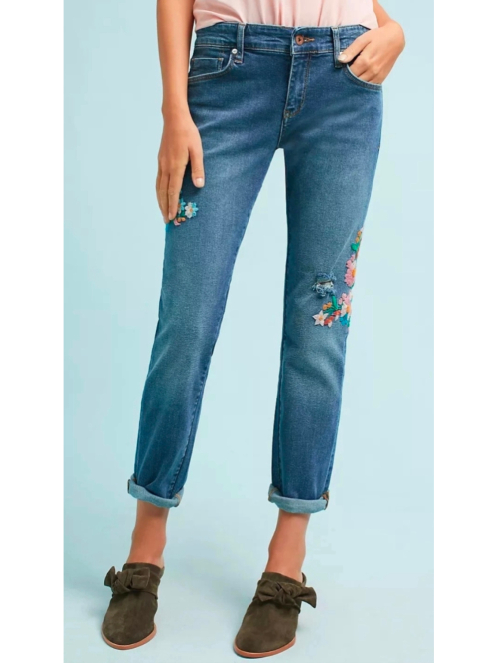 Pilcro Anthropologie Floral Embroidered Slim Boyfriend Jeans Size 32 / 16" Waist